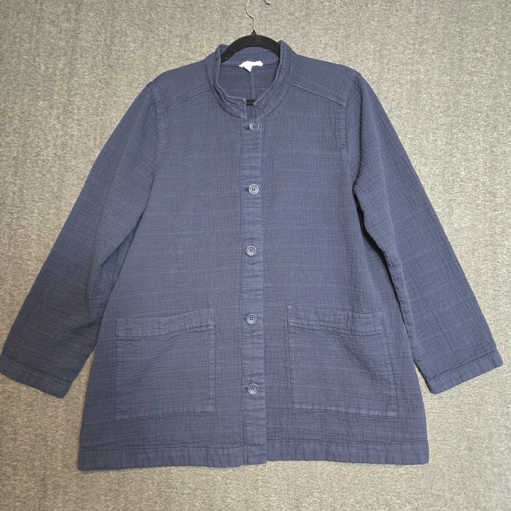 Eileen Fisher Jacket Womens Small Blue Organic Cotton Stand Collar Button Up XL - Picture 1 of 10